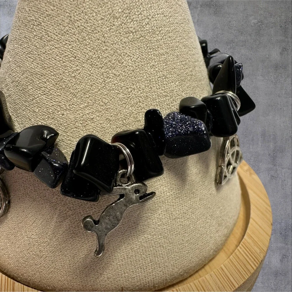 Celtic Knot Triskele Pentacle Charm Bracelet‎ Black Onyx Blue Goldstone